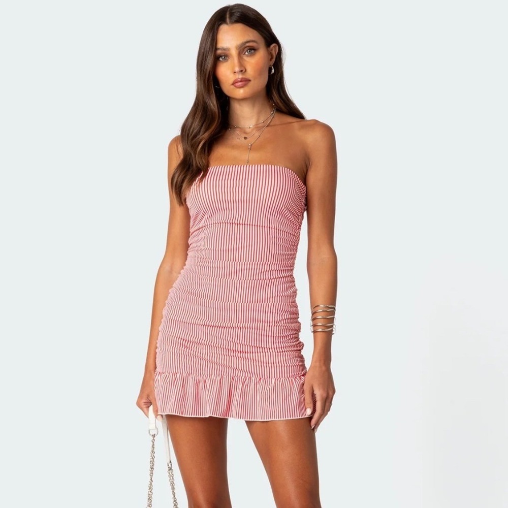EDIKTED Gaia Red and White Striped Gathered Strapless‎ Mini Dress Med Brand New